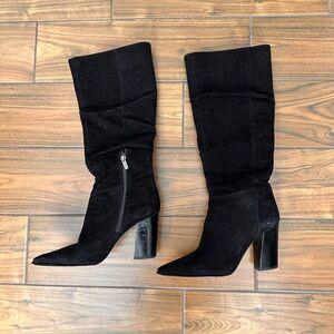 Vince Camuto Black Suede Mid-Calf Pointed Toe Block Heel Boots